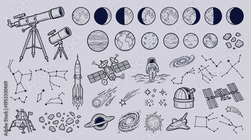 A comprehensive collection of hand-drawn space and astronomy elements including planets, moon phases, telescopes, rockets, astronauts, galaxies, and constellations.