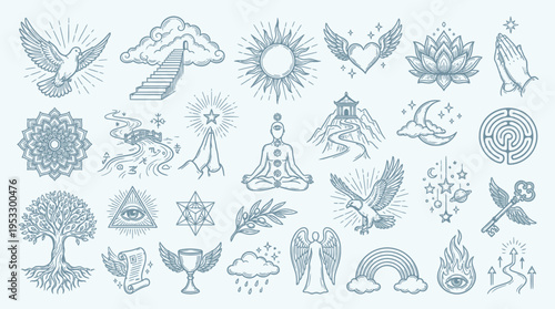 A comprehensive collection of spiritual, religious, and mystical symbols and icons, rendered in a detailed line art style, representing various concepts of faith and enlightenment.