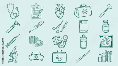 A comprehensive collection of medical and healthcare tools and symbols, illustrated in a clean line-art style on a light background.