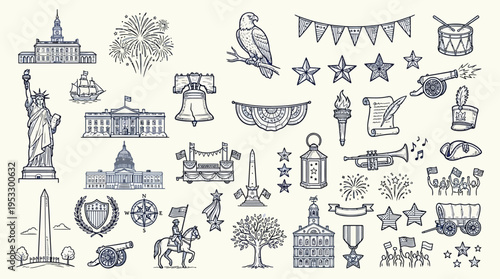 Vintage hand-drawn collection of American patriotic symbols, historical landmarks, and national icons in a detailed sketch style.
