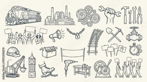A collection of hand-drawn illustrations depicting industrial elements, labor tools, worker protests, and various symbols of industry and work.