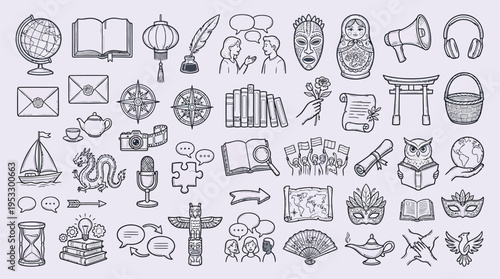 Hand-drawn doodle icons representing global culture, communication, education, travel, and diverse cultural elements on a light background.
