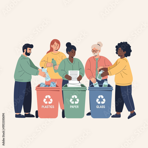 Diverse people recycling together outdoors.