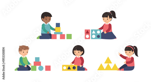 A vector illustration featuring five diverse children sitting and playing with various colorful educational blocks and shape sorters.