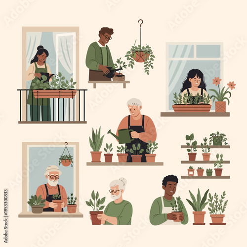People caring for houseplants and gardening.
