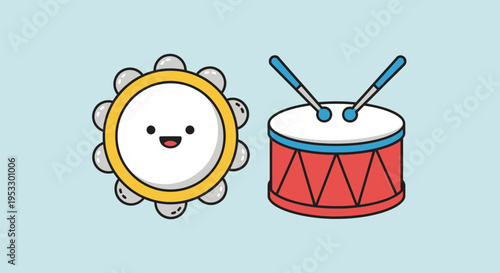Cartoon Tambourine and Drum with Drumsticks.