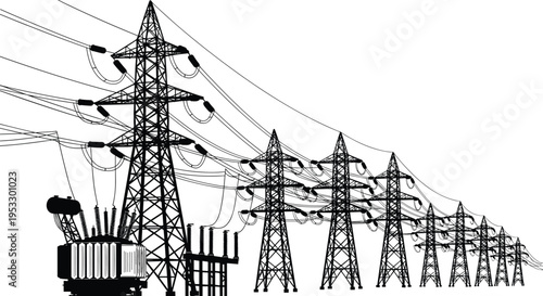 High voltage power transmission towers and electrical substation silhouette isolated on white background, electricity distribution network, industrial energy infrastructure and grid system concept