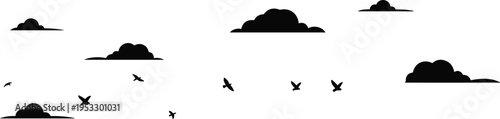 Minimalist silhouette of flying birds across cloudy sky with abstract black cloud shapes on white background, peaceful nature scene, modern simple landscape design