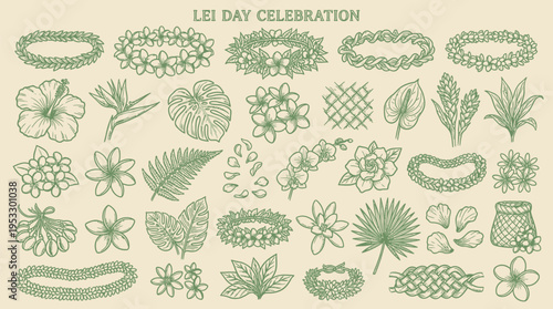Hand-drawn illustrations of various Hawaiian leis, tropical flowers, and leaves for Lei Day celebration, in a vintage green style.