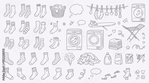 A collection of hand-drawn doodle illustrations depicting various laundry items and activities, including numerous socks, washing machines, and cleaning supplies.