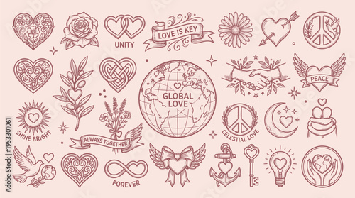 A collection of vintage-style line art illustrations featuring symbols of love, unity, peace, and global connection, rendered in a soft, monochromatic pink hue.