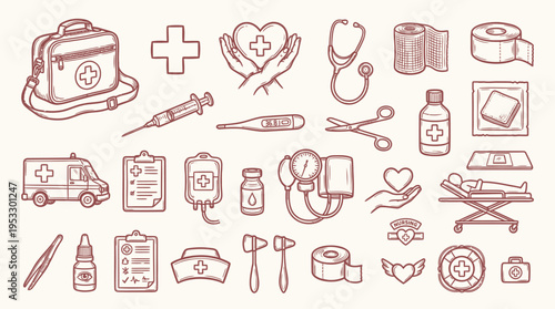 A collection of hand-drawn medical icons and symbols, including a first aid kit, ambulance, stethoscope, syringe, and various other healthcare-related equipment.
