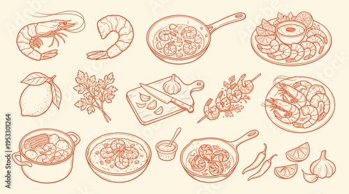 A charming hand-drawn illustration showcasing a variety of delicious shrimp dishes and ingredients, perfect for culinary inspiration.