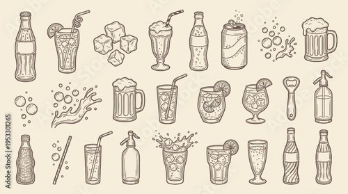 Vintage hand-drawn illustrations of various refreshing beverages, including soda bottles, cocktails, beer mugs, milkshakes, and ice cubes.