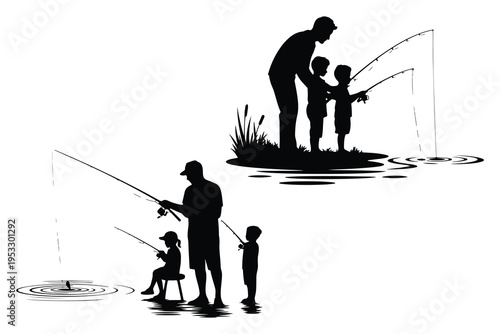 Black silhouettes of people fishing water