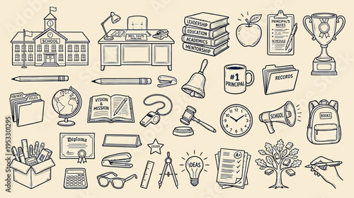 A comprehensive collection of hand-drawn educational and school-related icons, depicting a building, desk, books, and various learning tools.