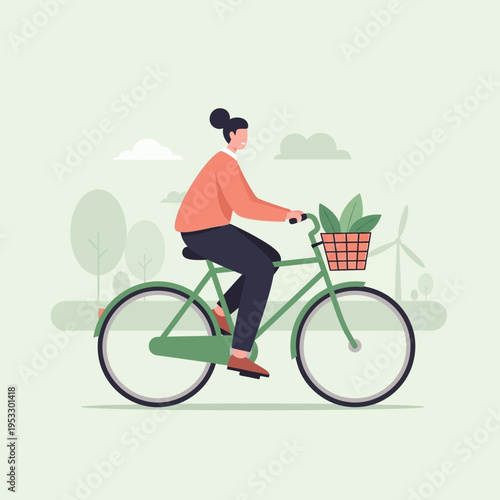 Woman Riding Green Bicycle Outdoors.