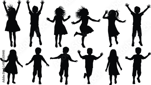 Collection of happy children jumping silhouettes isolated on white background featuring energetic young boys and girls playing together for school and summer camp designs