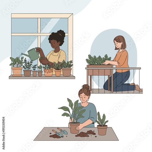 Women caring for houseplants indoor gardening.