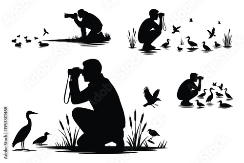 Silhouette of photographers and birds in wetland ducks
