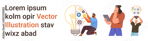Creativity, teamwork, innovation, brainstorming, problem-solving, education. Light bulb with gears, person with tablet and a woman lifting a brain-thumbs up idea bulb. Creativity and teamwork