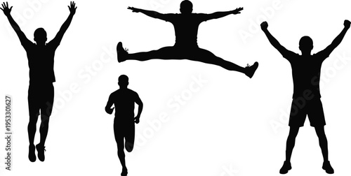 Set of active man silhouettes jumping running and celebrating success isolated on white background for fitness sports achievement goal and healthy lifestyle concepts