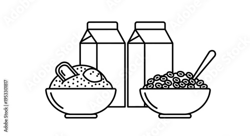 simple line art illustration of a healthy breakfast with milk cartons a bowl of oatmeal and cereal depicting daily nutrition concepts.