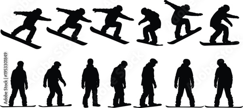 Snowboarder silhouettes set with jumping tricks and standing poses isolated on white background, winter sport action sequence, extreme sports collection, minimalist black design