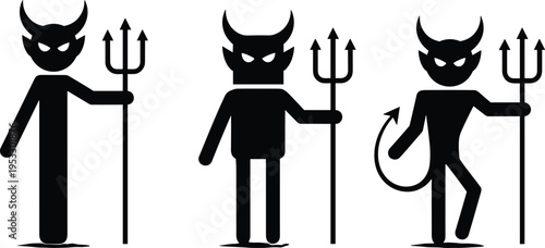 Foto Black devil stick figure silhouette set with horns and pitchfork isolated on white background for halloween or evil concept design