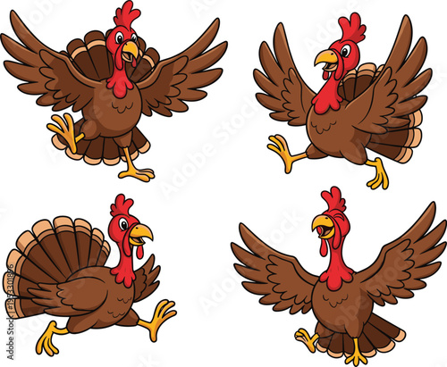 Cartoon Turkey Character Sprite Sheet with Running and Flapping Animations for Thanksgiving Game Assets, Cute Brown Bird Vector Illustrations Isolated on White Background