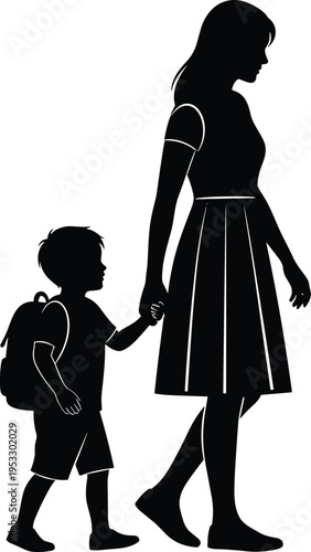 Black silhouette of mother walking with her young son wearing a backpack isolated on white background for education and parenting.
