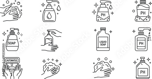 Hand Washing and Hygiene Line Icons Set Soap Sanitizer Clean Hands Vector Illustration Collection