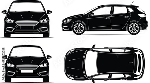 Black hatchback car vector illustration set with front, side, and top view isolated on white background for vehicle branding mockup design.