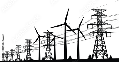Wind turbines and electric transmission towers silhouettes forming energy infrastructure landscape, renewable and traditional power concept isolated on white background, industrial electricity network