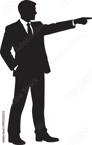 A black silhouette of a businessman in a suit standing and pointing toward the right side isolated