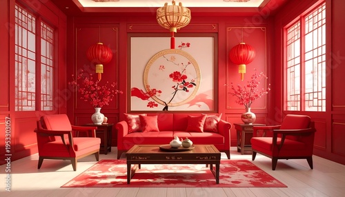 A red interior decorated with an artwork, lanterns, furniture, floral arrangements, and traditional design elements