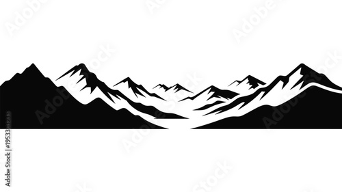 Black silhouette of rugged mountain range landscape with snow capped peaks on white background