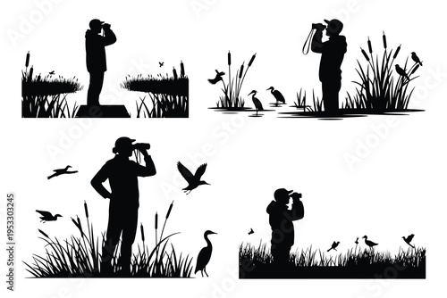 Birdwatchers observing birds in wetland bird watching