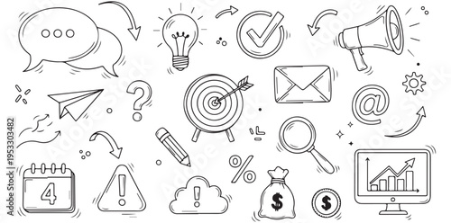 Hand Drawn Business Marketing Doodle Set with Target Megaphone Email Lightbulb Chart Icons and Communication Elements