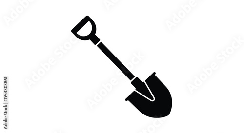 Simple black silhouette of a garden shovel on a white background