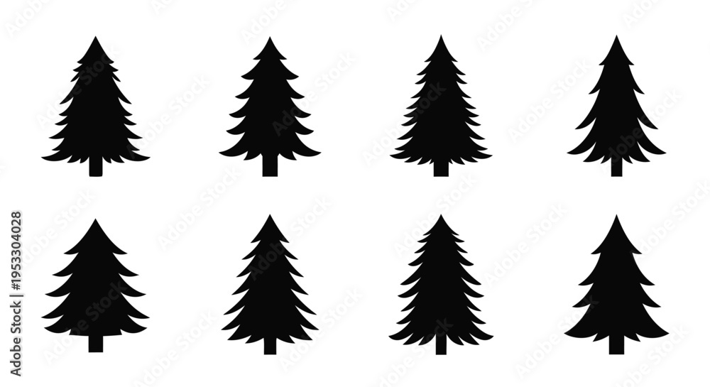 Fototapeta premium A collection of eight black silhouettes depicting coniferous evergreen trees