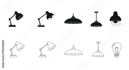 Collection of various black and white lamp and lighting fixture icons