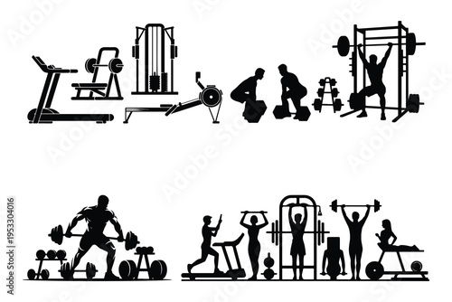 Black silhouettes of people exercising with gym equipment