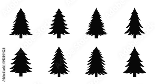 A collection of eight black silhouettes depicting coniferous evergreen trees