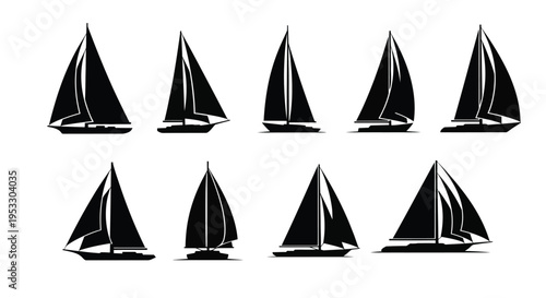 Collection of minimalist black sailboat silhouettes on a white background