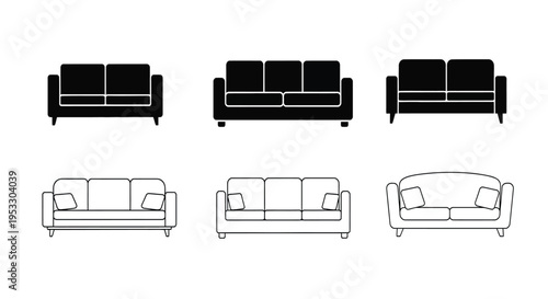 Black and white silhouettes of various modern sofa designs arranged neatly