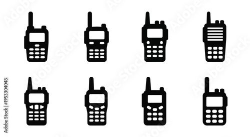 Eight black silhouette icons depicting various walkie talkie designs