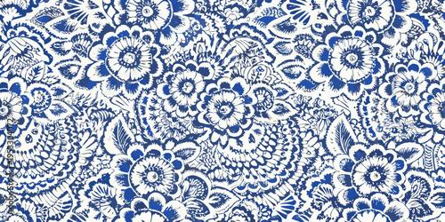 Intricate blue and white floral pattern covering the entire frame