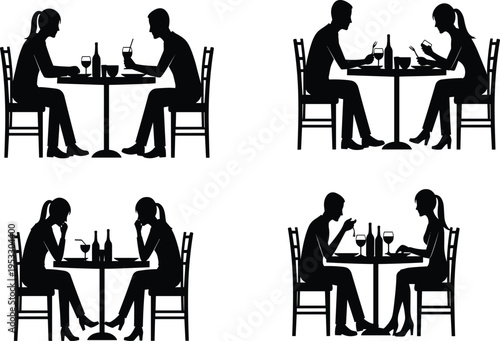 Couple dining scenarios silhouette set with conversation eating argument and romance at table restaurant lifestyle concept vector illustration design
