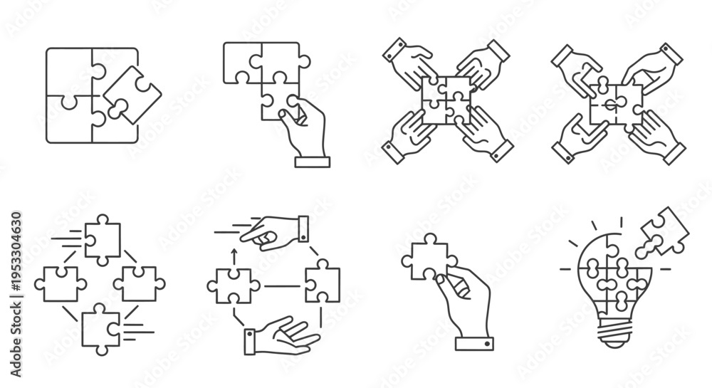 Fototapeta premium collection of line art puzzle icons illustrating teamwork collaboration problem-solving and idea generation for business strategy